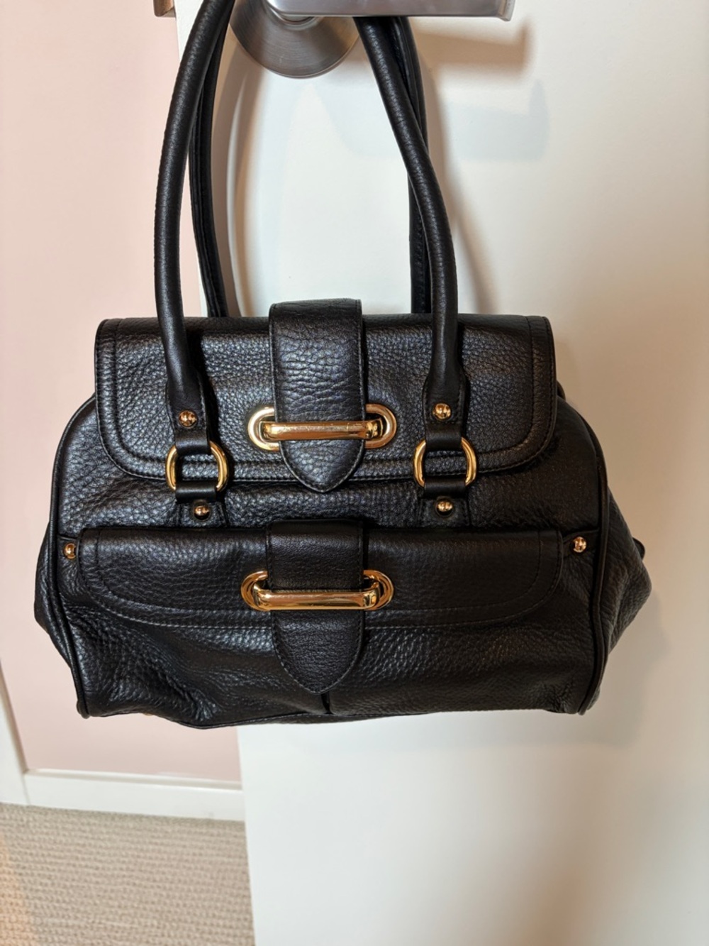 Like new! Anne Klein Black Pebble Leather Satchel Handbag with Gold Hardware - Picture 2 of 10